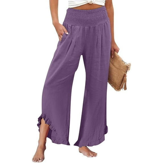 Purple Linen Pants Women's Solid Color Fashionable Casual High Waisted Pleated Irregular Cotton Linen Loose Pants for Women