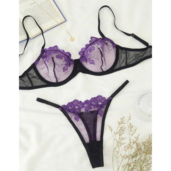 Purple Lingerie Set Mesh Embroidery