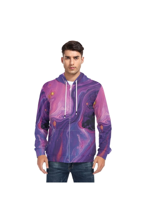 Purple Liquid Abstraction Men’s Hoodies Sweatshirt with Full Zip Pockets Fleece Jackets