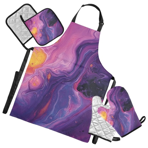 Purple Liquid Abstraction Oven Mitts and Pot Holders with Chef Apron Set 5 Pcs Kitchen Cooking Set