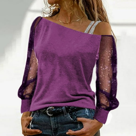 Purple Long Sleeve Shirts for Women Lightweight Pullover Long Sleeve Top Rhinestine Net Yarn Sequin Design Off Shoulder Top Fall Winter Casual Wear Strap Shirt Blouse for Party Fashion Clothing