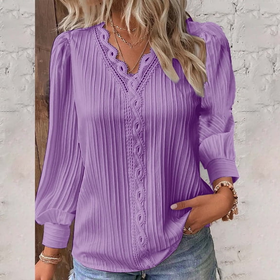 Purple Long Sleeve Shirts for Womens Tops Lace Patchwork V Neck T Shirts Long Sleeves Blouse Loose Casual T Shirts Fashion Clothing
