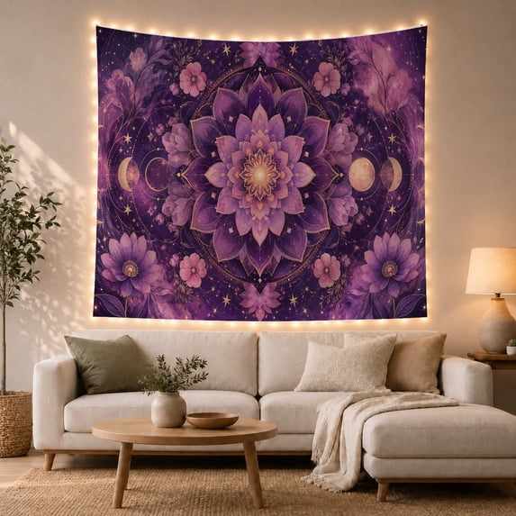 Purple Lotus Among Golden Moons and Stars, Mystical Boho for Celestial Fans, Botanical Home Decor, Housewarming Gift, Tapestry Wall Hanging for Bedroom, Living Room and Dorm