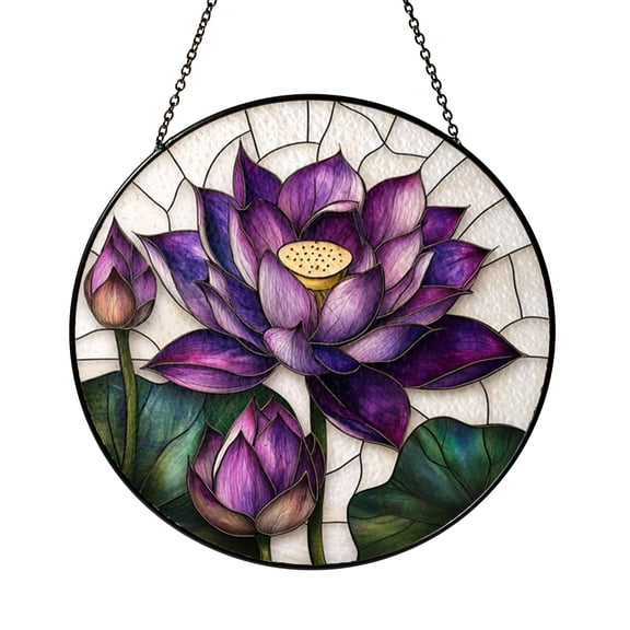 Purple Lotus Glass Window Suncatcher, Green Leaf Botanical Round Hanging Ornament, Calm Zen Inspired Home Decor