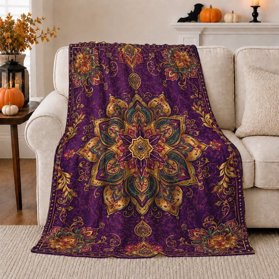 Purple Lotus Mandala with Gold Filigree, Mystic Boho Style for Mandala Lovers, Jewel Tone Floral Pattern and Birthday Gift, Cozy Flannel Blanket for Bedroom and Meditation Room, Boho Home Decor
