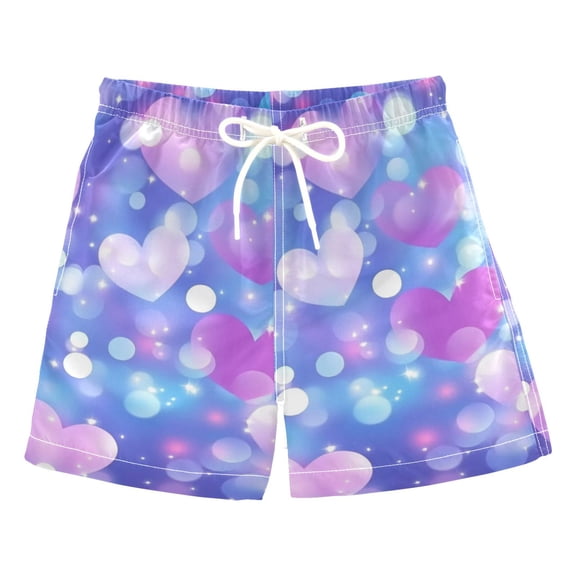 Purple Love Heart Boys Swim Trunks Quick Dry Boy Swim Shorts for 3-14 Years