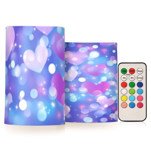 Purple Love Heart Flickering Flameless Candles Battery Operated with Remote Timer LED Pillar Candles Set of 2