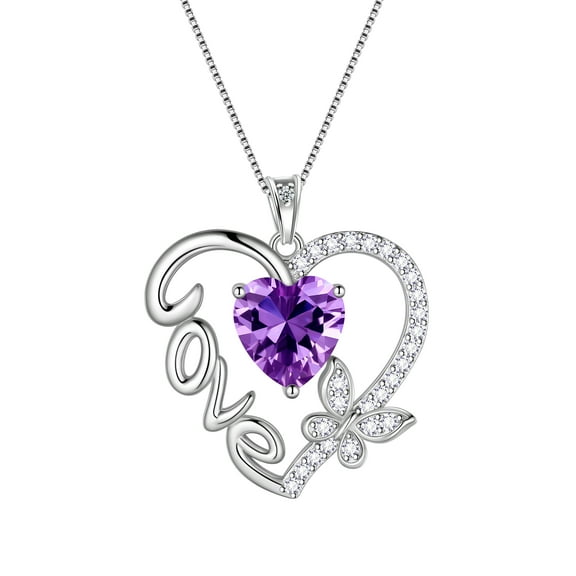 Juwaliy Purple Love Heart Necklace Butterfly February Birthstone Necklace Amethyst 925 Sterling Silver Pendant Jewelry Women Mom Birthday Valentine's Day Gift