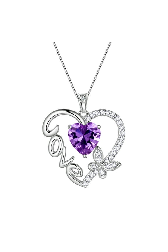 Purple Love Heart Necklace Butterfly February Birthstone Necklace Amethyst 925 Sterling Silver Pendant Jewelry Women Mom Birthday Valentine's Day Gift
