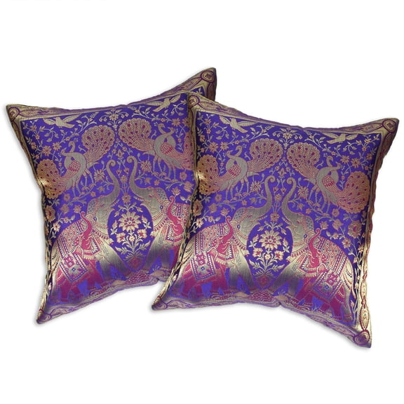 Purple Loving Elephant Peacock and Bird Silk Throw Pillow Cushion Cover Set