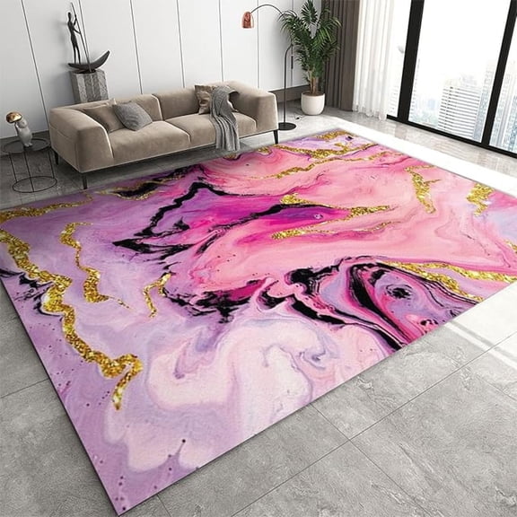 Purple Magenta Area Rug For Girls Room, Light Luxury Abstract Marble Washable Rug, Non Slip Foldable Breathable Mat For Living Room Bedroom Entryway Hallway Office Apartment 5x8ft