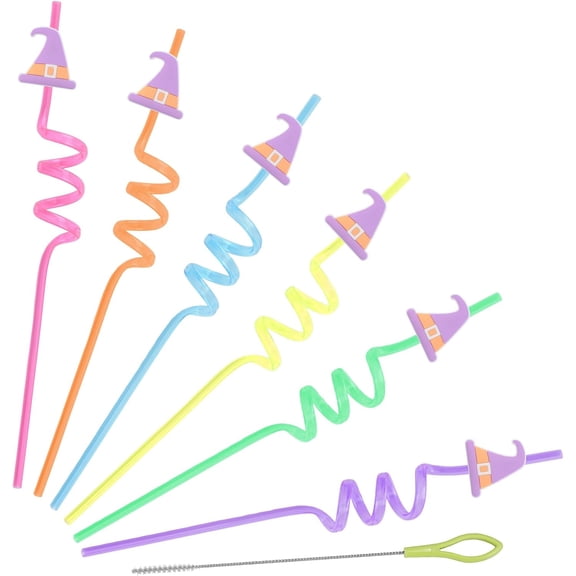 Purple Magical Wizard Hat Theme Straw 24 Pieces Reusable Bendable Food Grade Plastic Cartoon Design for Decoration of Birthday Parties & Gatherings (Equipped with Straw Brush)