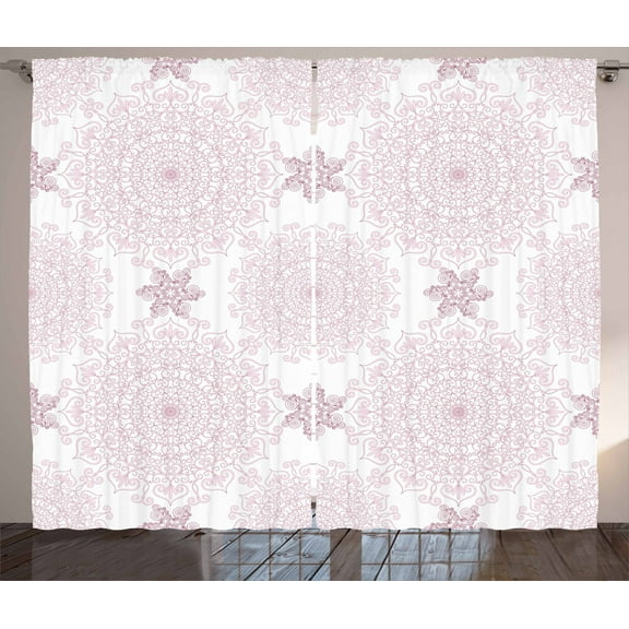 Ambesonne Purple Mandala Curtains 2 Panel Set, Victorian Damask, 108" x 96", Pale Pink White