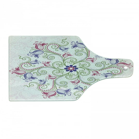 Purple Mandala Cutting Board, Classic Shabby Form Eastern Swirled Tulip Flowers Image, Decorative Tempered Glass Cutting and Serving Board, Wine Bottle Shape, Fern Green Magenta White, by Ambesonne