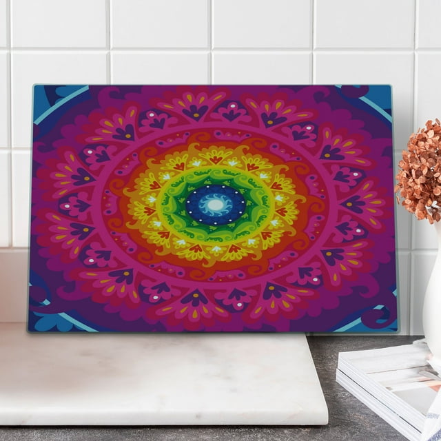 Purple Mandala Cutting Board, Hippie Circular Rainbow Spiral Inside Hipster Art, Decorative Tempered Glass Cutting and Serving Board, Large Size, Multicolor, by Ambesonne
