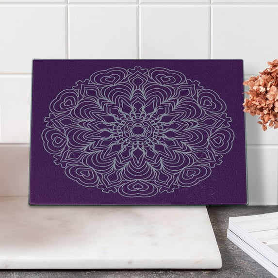 Purple Mandala Cutting Board, Lacework Curlicue Design with Abstract Curves and Waves Print, Decorative Tempered Glass Cutting and Serving Board, Small Size, Purple and Pale Mauve, by Ambesonne