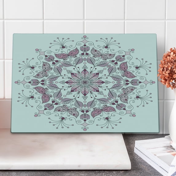 Purple Mandala Cutting Board, Lacy Pastel Floral with Butterfly and Lotus Design, Decorative Tempered Glass Cutting and Serving Board, Large Size, White Pale Pink, by Ambesonne