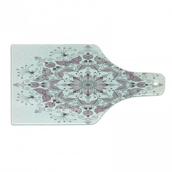 Purple Mandala Cutting Board, Lacy Pastel Floral with Butterfly and Lotus Design, Decorative Tempered Glass Cutting and Serving Board, Wine Bottle Shape, White Pale Pink, by Ambesonne