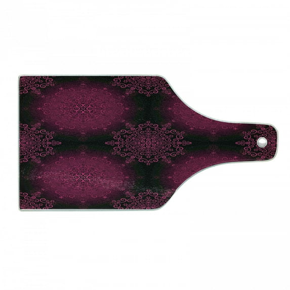 Purple Mandala Cutting Board, Psychedelic Digital with Baroque Rococo Indie Design, Decorative Tempered Glass Cutting and Serving Board, Wine Bottle Shape, Maroon Magenta, by Ambesonne