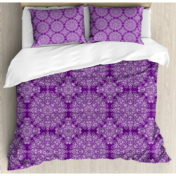 Purple Mandala Duvet Cover Set, Classic Style Victorian Swirled Floral Branches with Effects Design, Decorative 3 Piece Bedding Set with 2 Pillow Shams, Queen Size, White Purple, by Ambesonne