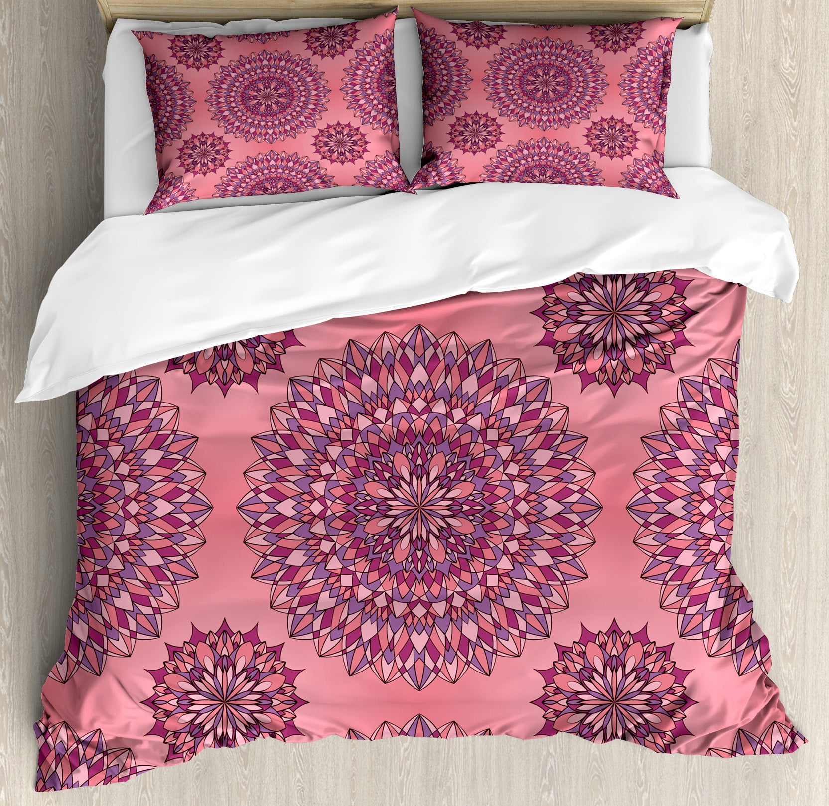 Coral Fuchsia Mandala King Duvet Cover Set with Pillow Shams