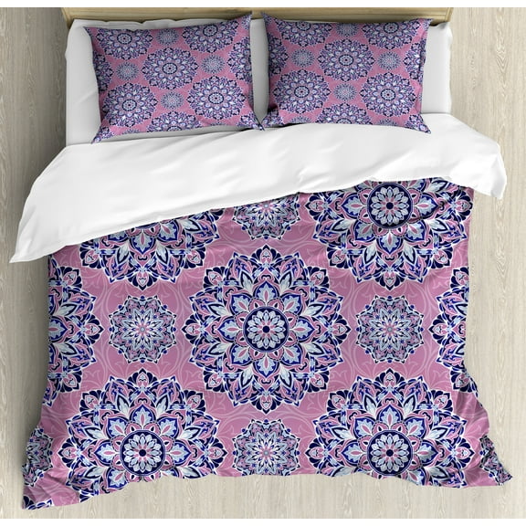 Purple Mandala Duvet Cover Set, Middle Eastern Oriental with Ornamental Featured Lines, Decorative 3 Piece Bedding Set with 2 Pillow Shams, Calking Size, Dried Rose Pale Blue, by Ambesonne