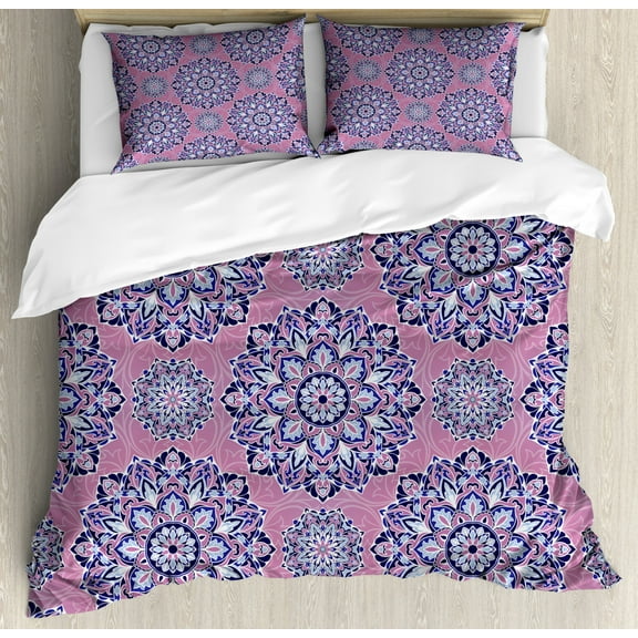 Purple Mandala Duvet Cover Set, Middle Eastern Oriental with Ornamental Featured Lines, Decorative 3 Piece Bedding Set with 2 Pillow Shams, Queen Size, Dried Rose Pale Blue, by Ambesonne