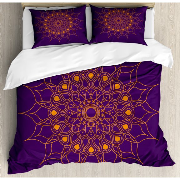 Purple Mandala Duvet Cover Set, Mystic Sun Inspired Style Circle Cultural Folk Culture Illustration Image, Decorative 3 Piece Bedding Set with 2 Pillow Shams, Queen Size, Marigold, by Ambesonne