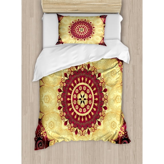 Purple Mandala Duvet Cover Set, Pattern with Baroque Victorian Featured Old Fashion Effect Art, Decorative 2 Piece Bedding Set with 1 Pillow Shams, Twin Size, Maroon Yellow, by Ambesonne