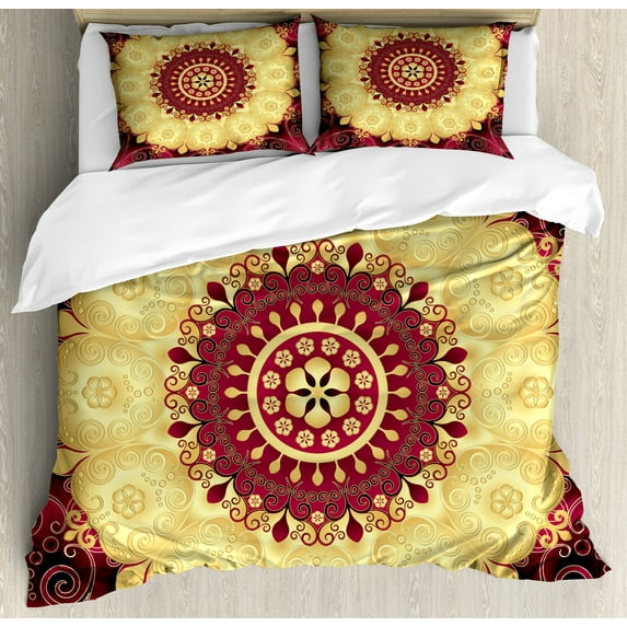 Purple Mandala Duvet Cover Set, Pattern with Baroque Victorian Featured Old Fashion Effect Art, Decorative 3 Piece Bedding Set with 2 Pillow Shams, Calking Size, Maroon Yellow, by Ambesonne