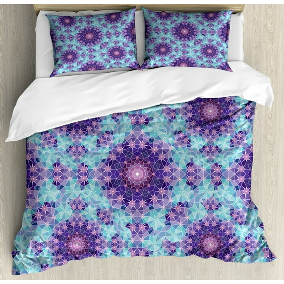 Purple Mandala Duvet Cover Set Queen Size, Geometric Mosaic Fractal Ethnic Sign of Universe Graphic Art, Decorative 3 Piece Bedding Set with 2 Pillow Shams, Sky Blue Teal Mauve Lilac, by Ambesonne