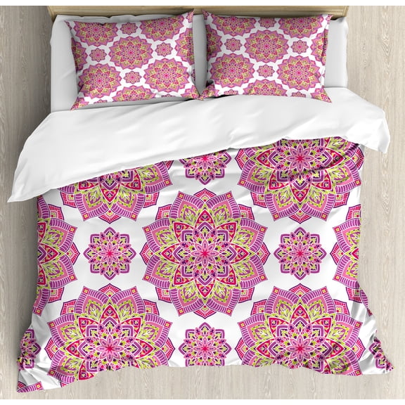 Purple Mandala Duvet Cover Set, Shabby Form Lotus Flower Style Essence Pattern, Decorative 3 Piece Bedding Set with 2 Pillow Shams, Queen Size, Lime Green Fuchsia, by Ambesonne