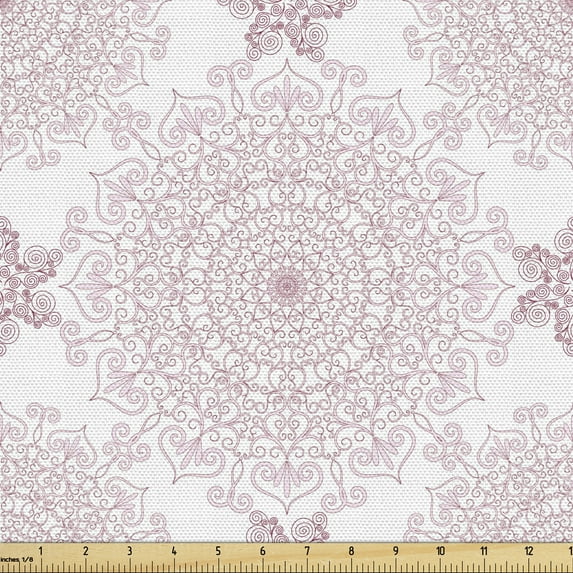 Ambesonne Purple Mandala Fabric by the Yard Upholstery, Victorian Damask, 5 Yards, Pale Pink White