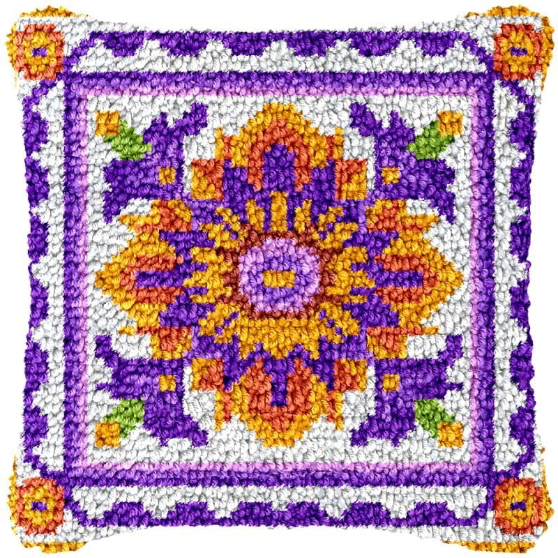 Purple Mandala Flower Latch Hook Pillow Cover Kits for DIY Handmade Throw Pillow Cross Stitch Latch Hook Pillowcase Rug Kits with Preprinted Color Pattern Canvas Crochet Yarn Kits 17''X 17''(ch232)