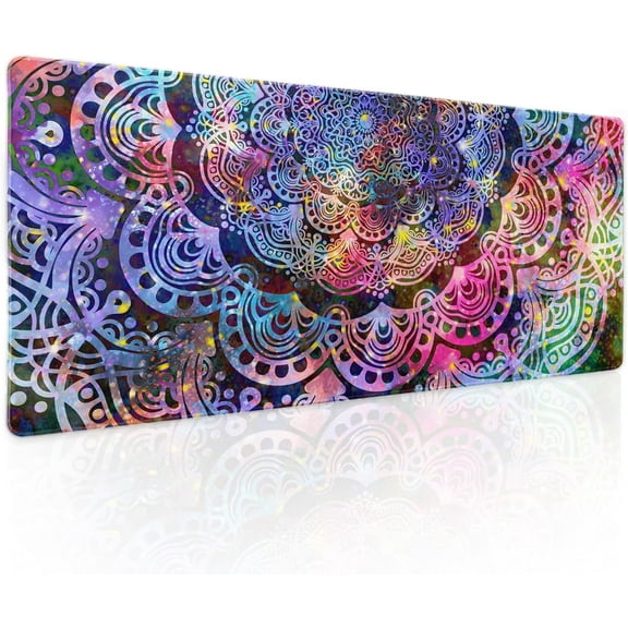 Purple Mandala Gaming Mouse Pad XL Pink Blue Green Abstract Art Extended Big Large Desk Mat Non-Slip Rubber Base Stitched Edge Long Keyboard Mousepad for PC Computer Laptop,31.5×11.8 in