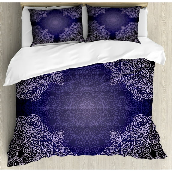 Purple Mandala King Size Duvet Cover Set, Oriental Lacework Mandala with Abstract Floral Motifs, Decorative 3 Piece Bedding Set with 2 Pillow Shams, Purple Grey Indigo and Pale Mauve, by Ambesonne