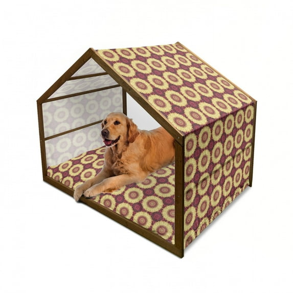 Purple Mandala Pet House, Pattern with Baroque Victorian Featured Old Fashion Effect Art, Outdoor & Indoor Portable Dog Kennel with Pillow and Cover, 5 Sizes, Maroon Yellow, by Ambesonne