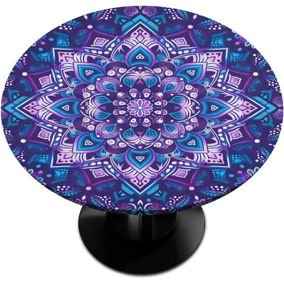 Purple Mandala Pretty Ethnic Round Tablecloths with Elastic Edge Fitted Round Table Cloth Small Wipeable Washable Circle Table Covers for Dinner Patio Party Indoor Outdoor Kitchen Decor (Fit 36-44 In)
