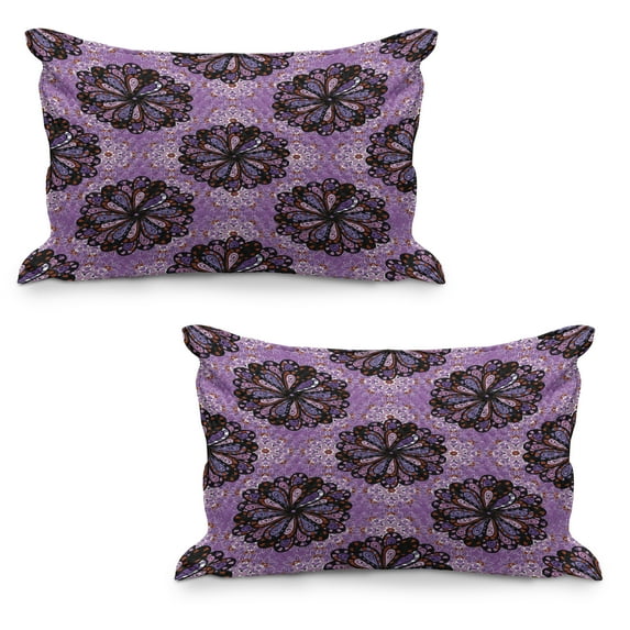 Purple Mandala Quilted Pillowcover Set of 2, Vintage Beauty Boho Round Motif Art Inspiration Design, Standard Queen Size Pillow Cover for Bedroom, 36" x 20", Black Redwood Violet, by Ambesonne