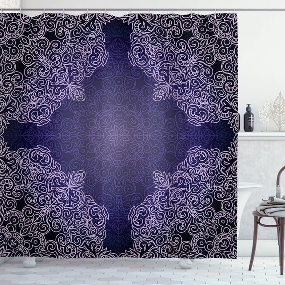 Purple Mandala Shower Curtain, Oriental Lacework Mandala with Abstract Floral Motifs, Fabric Bathroom Set with Hooks, 69W X 84L Inches Extra Long, Purple Grey Indigo and Pale Mauve, by Ambesonne