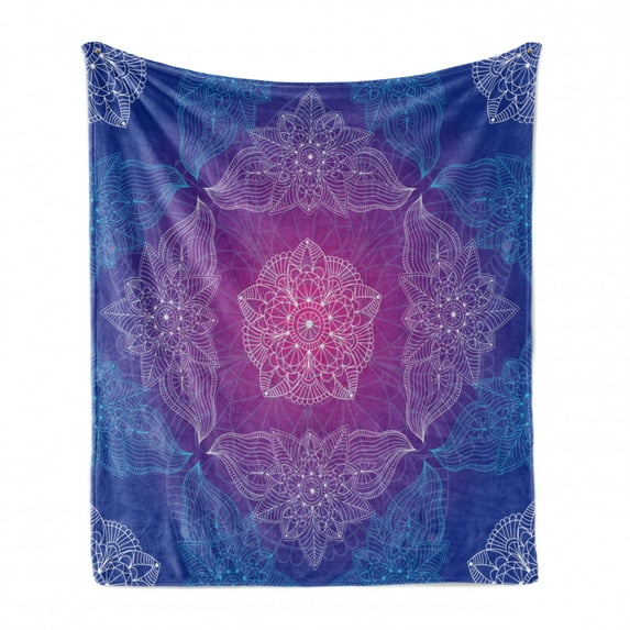 Purple Mandala Soft Flannel Fleece Blanket, Psyschedelic Oriental Theme Floral Pattern in Filigree Style, Cozy Plush for Indoor and Outdoor Use, 50" x 70", Magenta Night Blue White, by Ambesonne