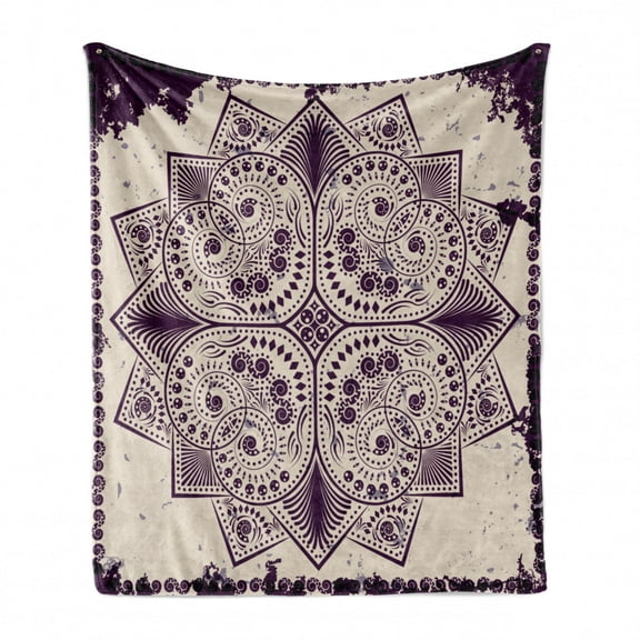 Purple Mandala Soft Flannel Fleece Blanket, Snowflake Form Inspired Geometric Design on Grungy Background, Cozy Plush for Indoor and Outdoor Use, 50" x 70", Dark Purple and Eggshell, by Ambesonne