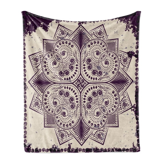 Purple Mandala Soft Flannel Fleece Blanket, Snowflake Form Inspired Geometric Design on Grungy Background, Cozy Plush for Indoor and Outdoor Use, 60" x 80", Dark Purple and Eggshell, by Ambesonne