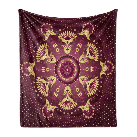 Purple Mandala Soft Flannel Fleece Throw Blanket, Iranian Middle Eastern Retro Floral Motif, Cozy Plush for Indoor and Outdoor Use, 70" x 90", Dried Rose Yellow, by Ambesonne