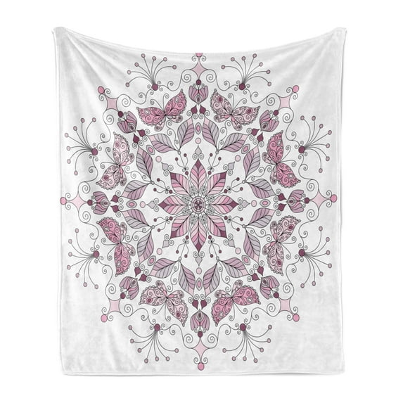 Purple Mandala Soft Flannel Fleece Throw Blanket, Lacy Pastel Floral with Butterfly and Lotus Design, Cozy Plush for Indoor and Outdoor Use, 70" x 90", White Pale Pink, by Ambesonne