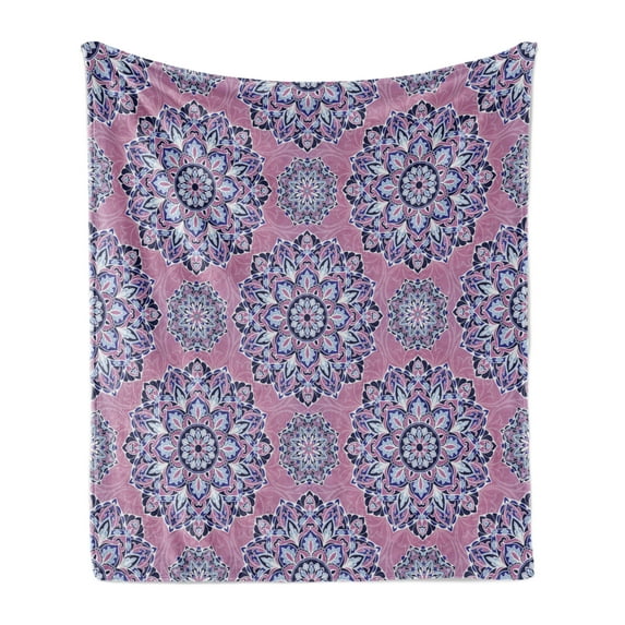 Purple Mandala Soft Flannel Fleece Throw Blanket, Middle Eastern Oriental with Ornamental Featured Lines, Cozy Plush for Indoor and Outdoor Use, 70" x 90", Dried Rose Pale Blue, by Ambesonne