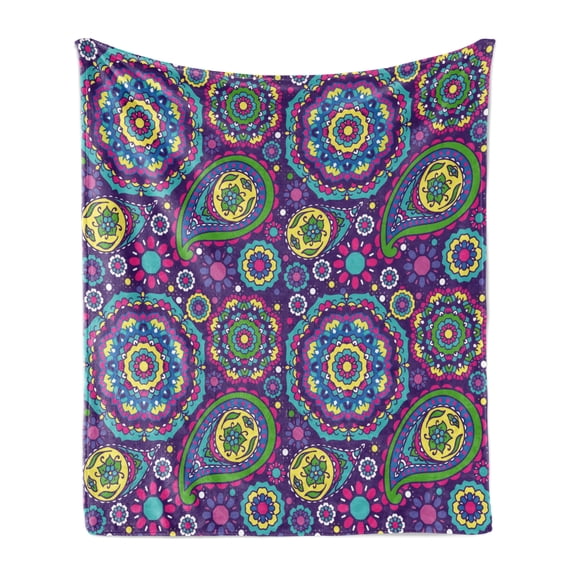 Purple Mandala Soft Flannel Fleece Throw Blanket, Paisley Leaves with Flower in Vibrant Tones Boho Print, Cozy Plush for Indoor and Outdoor Use, 60" x 80", Multicolor, by Ambesonne