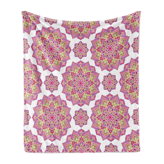 Purple Mandala Soft Flannel Fleece Throw Blanket, Shabby Form Lotus Flower Style Essence Pattern, Cozy Plush for Indoor and Outdoor Use, 50" x 60", Lime Green Fuchsia, by Ambesonne