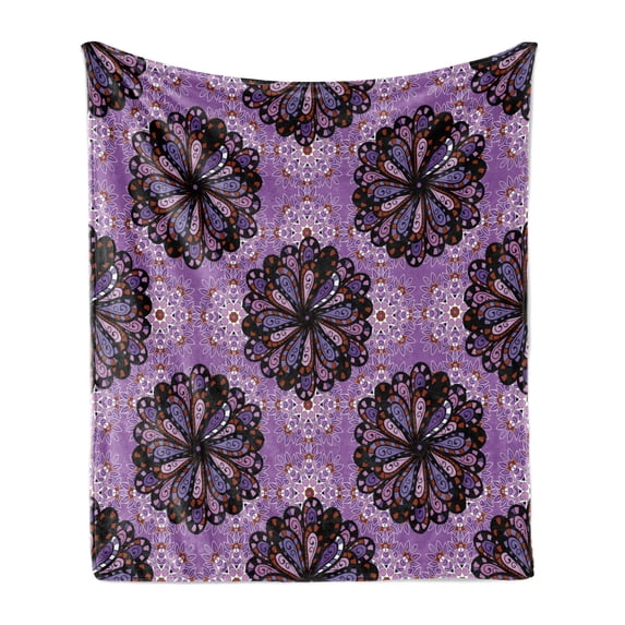 Purple Mandala Soft Flannel Fleece Throw Blanket, Vintage Beauty Boho Round Motif Art Inspiration Design, Cozy Plush for Indoor and Outdoor Use, 60" x 80", Black Redwood Violet, by Ambesonne