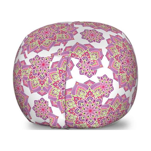 Purple Mandala Storage Toy Bag Chair, Shabby Form Lotus Flower Style Essence Pattern, Stuffed Animal Organizer Washable Bag, Small Size, Lime Green Fuchsia, by Ambesonne